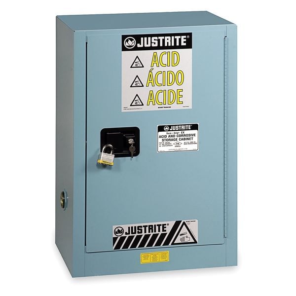 Justrite Corrosives Safety Cabinet, 12 gal, 1 Shelves, Steel, 23 1/4 in W x 35 in H x 18 in D, Blue - 891222