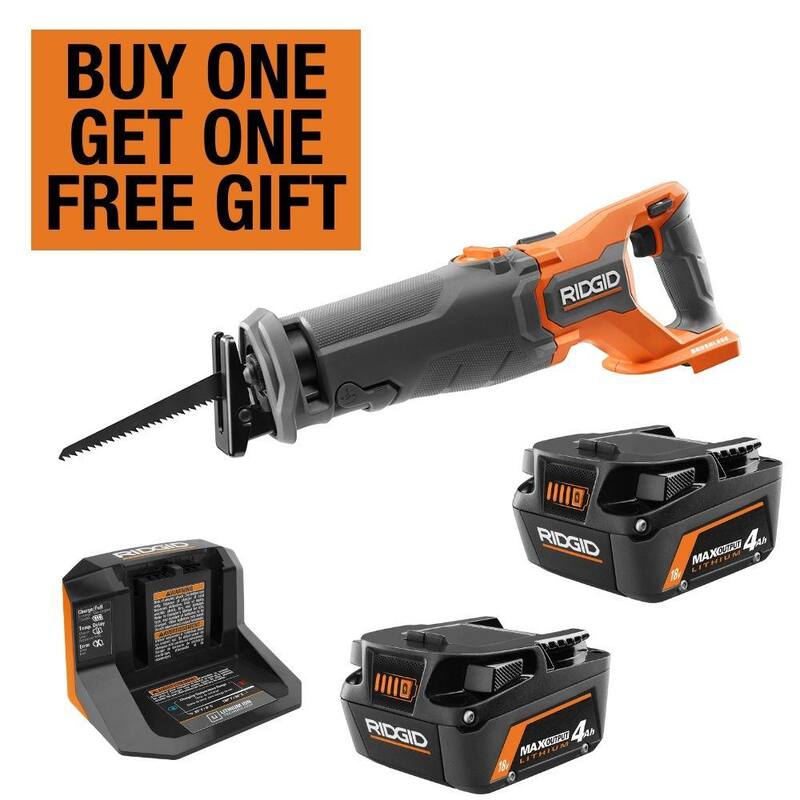 Kit de inicio RIDGID de 18V con (2) Baterías de salida máxima de 4.0 Ah y Cargador con sierra alternativa inalámbrica de 18V sin escobillas - AC8609340SB-R8647B