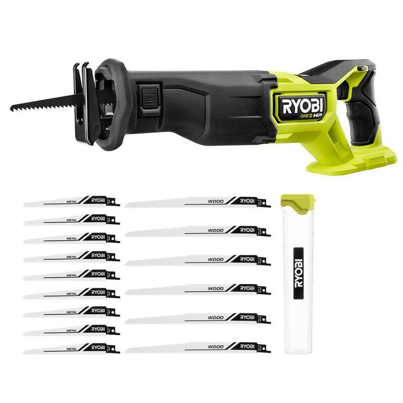 RYOBI ONE+ HP 18V Sierra alternativa inalámbrica sin escobillas (solo la herramienta) con juego de hojas de sierra alternativa (15 piezas) - PBLRS01B-A231501