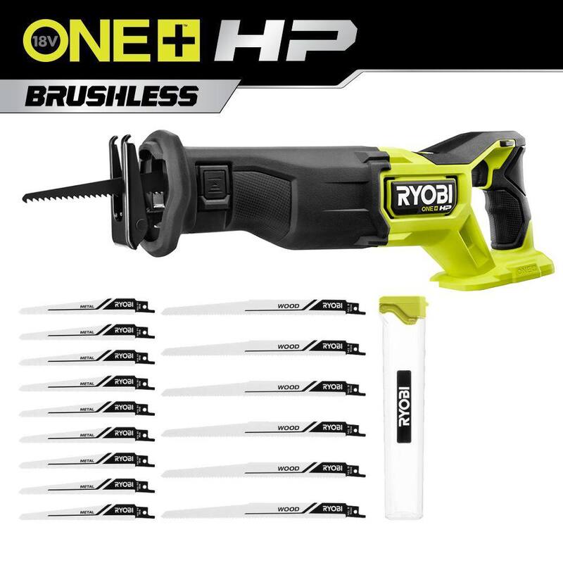RYOBI ONE+ HP 18V Sierra alternativa inalámbrica sin escobillas (solo la herramienta) con juego de hojas de sierra alternativa (15 piezas) - PBLRS01B-A231501