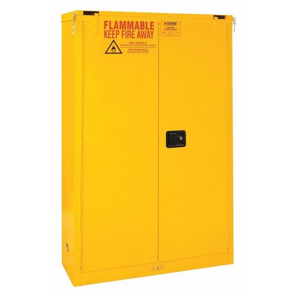 Durham Mfg Flammables Safety Cabinet, 45 gal, 2 Shelves, Steel, 43 in W x 66 1/2 in H x 18 in D, Yellow - 1045S-50