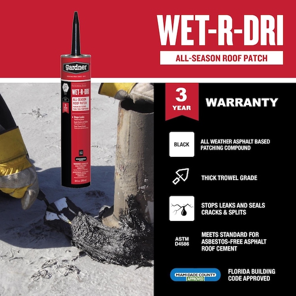 Black Jack Gardner WET-R-DRI Gloss Black Patching Cement All-Weather Roof Cement 10 oz - 2172-9-66