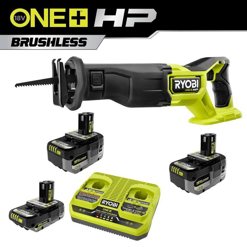 RYOBI ONE+ 18V Kit de alto rendimiento con baterías (2) 4.0 Ah, batería 2.0 Ah, cargador de 2 puertos y sierra recíproca ONE+ HP Brushless - PSK023-PBLRS01B