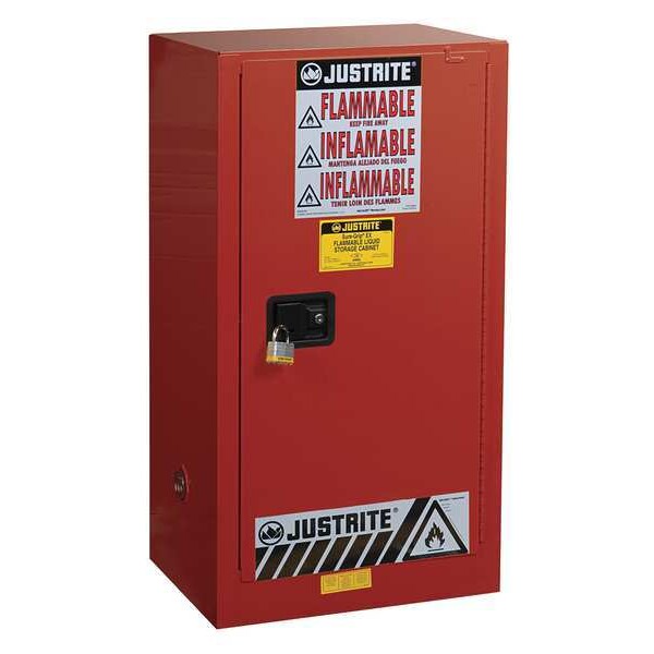 Justrite Flammables Safety Cabinet, 20 gal, 2 Shelves, Steel, 23 1/4 in W x 44 in H x 18 in D, Red - 891531