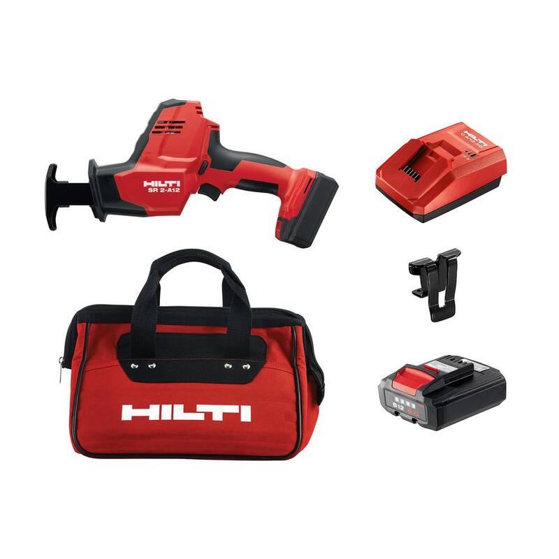 Kit de sierra reciproca inalámbrica y sin escobillas de 12 voltios Hilti SR 2-A12 con 2 baterías Li-Ion B12/4.0, cargador, clip para cinturón y bolsa - 3603987