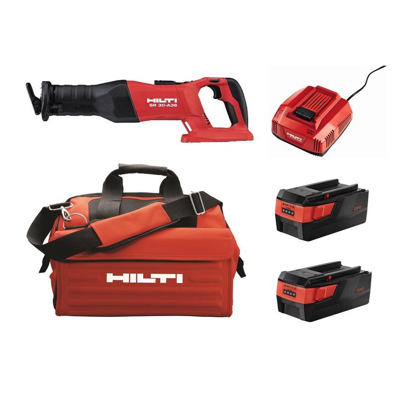Sierra de sable inalámbrica Hilti de 36 voltios SR 30A de iones de litio con dos baterías de 36/5.2 Ah, cargador y estuche - 3487011