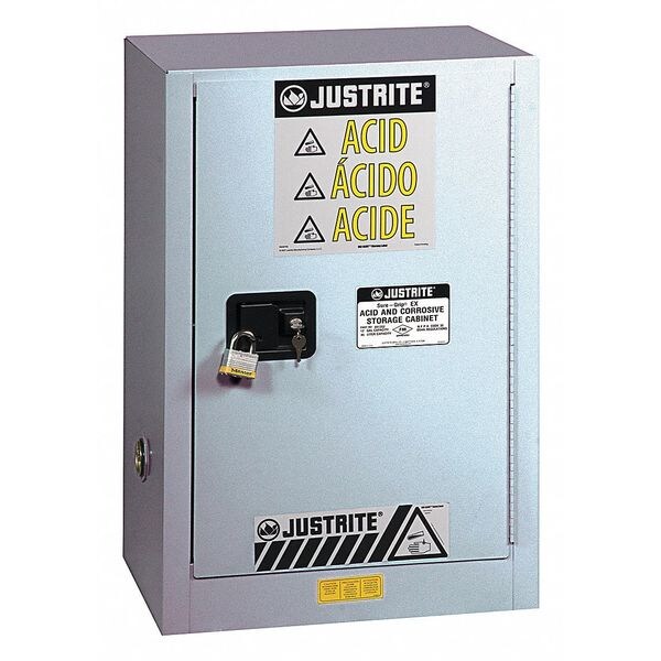 Justrite Corrosive Safety Cabinet, 15 gal, 1 Shelves, Steel, 24 in W x 35-3/4" H x 21-5/8 in D, Silver - 8825042