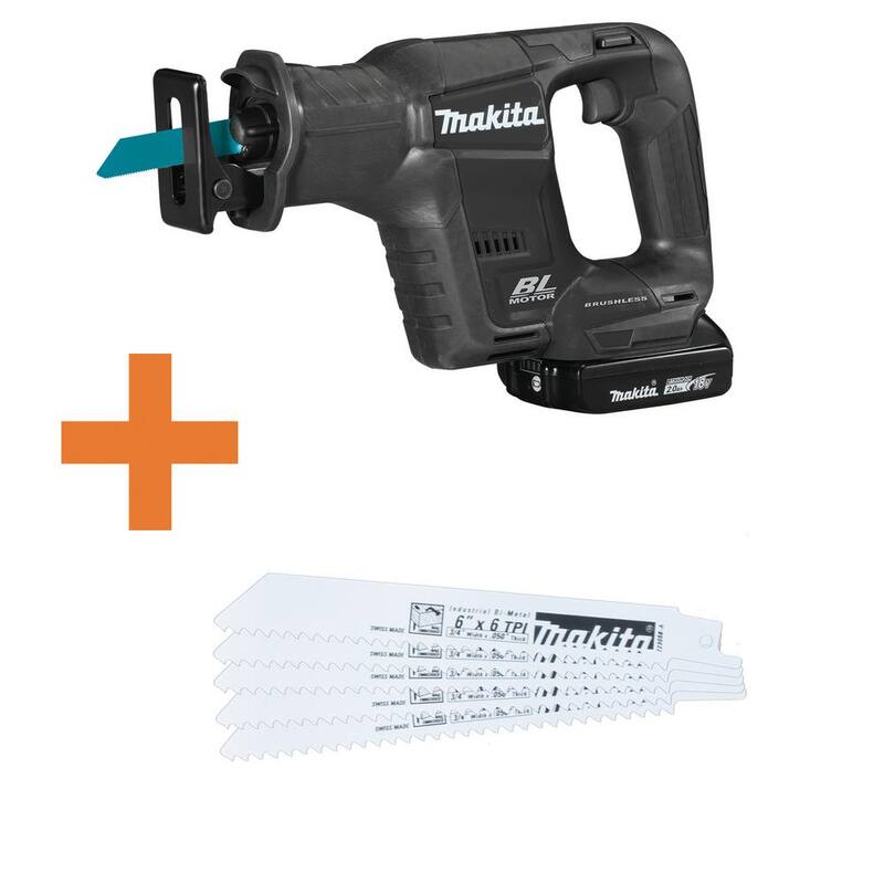 Kit de sierra de sable inalámbrica Makita 18V LXT Sub-Compact de iones de litio sin escobillas (2.0 Ah) con hoja de sierra para corte de madera de 6 pulgadas (paquete de 5) - XRJ07R1B-723058