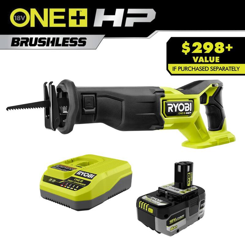 RYOBI ONE+ HP 18V 6.0 Ah Lithium-Ion Juego de batería y cargador de alto rendimiento con Sierra reciprocante sin escobillas ONE+ HP 18V - PSK016-PBLRS01B