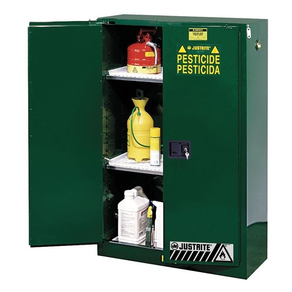 Justrite Pesticides Safety Cabinet, 45 gal, 2 Shelves, Steel, 43 in W x 65 in H x 18 in D, Green - 894524