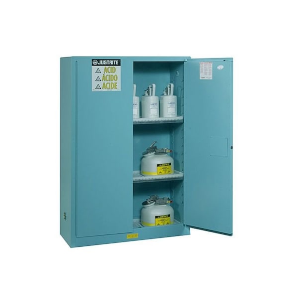 Justrite 45 gal, 2 Shelves, 18-Gauge Steel, 43 in W x 65 in H x 18 in D, Blue - 8945822