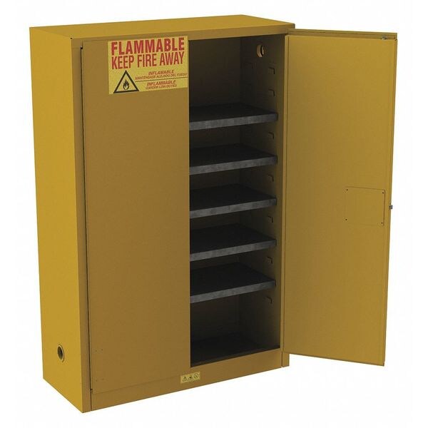 Condor Flammables Safety Cabinet, 60 gal, 5 Shelves, Steel, 43 in W x 65 in H x 18 in D, Yellow - 491M73