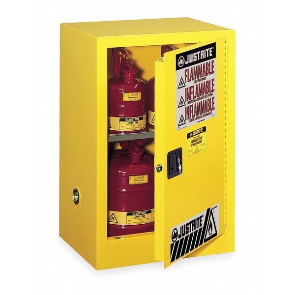Justrite Flammables Safety Cabinet, 12 gal, 1 Shelves, Steel, 23 1/4 in W x 35 in H x 18 in D, Yellow - 891220