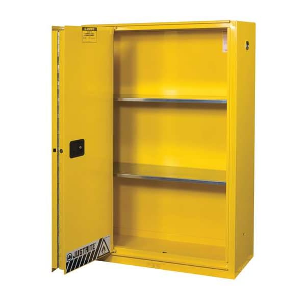 Justrite Flammables Safety Cabinet, 45 gal, 2 Shelves, Steel, 43 in W x 65 in H x 18 in D, Yellow - 894580