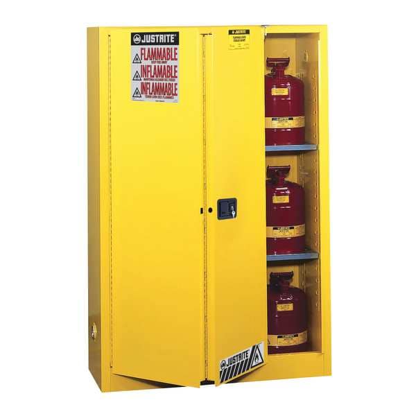 Justrite Flammables Safety Cabinet, 45 gal, 2 Shelves, Steel, 43 in W x 65 in H x 18 in D, Yellow - 894580