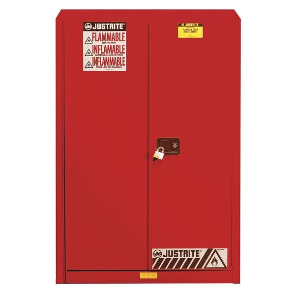 Justrite Flammables Safety Cabinet, Sure-Grip, Steel, 45 Gallon, 2 Shelves, 2 Doors, Manual Close, Red - 894501
