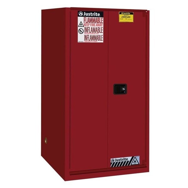 Justrite 60 gal, 2 Shelves, 18-Gauge Steel, 34 in W x 65 in H x 34 in D, Red - 896081