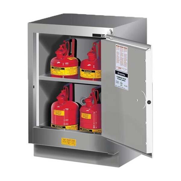 Justrite Flammable Cabinet, 15 gal, 1 Shelves, Steel, 24 in W x 35 3/4 in H x 21 5/8 in D, Silver - 882404