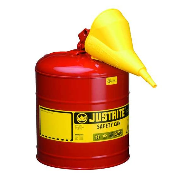 Justrite Safety Can, Galvanized Steel, 5 gal, Red, 11 3/4 in Dia., Flammables - 7150110