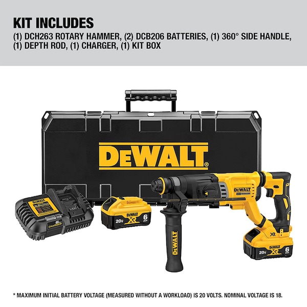 Dewalt 20V MAX* 1-1/8 in. Brushless Cordless SDS PLUS D-Handle Rotary Hammer Kit - DCH263R2