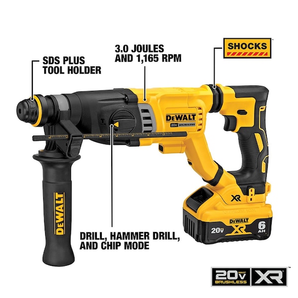 Dewalt 20V MAX* 1-1/8 in. Brushless Cordless SDS PLUS D-Handle Rotary Hammer Kit - DCH263R2