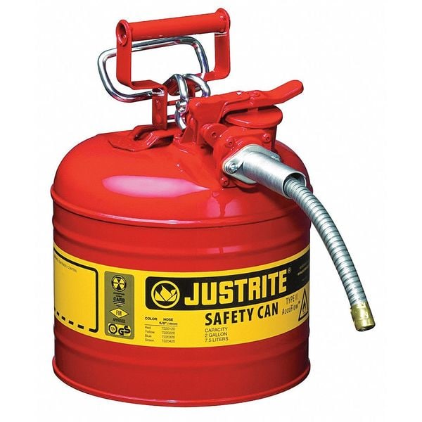 Justrite Safety Can, Steel, 2 gal, Red, 9 1/2 in Dia., Flammables - 7220120