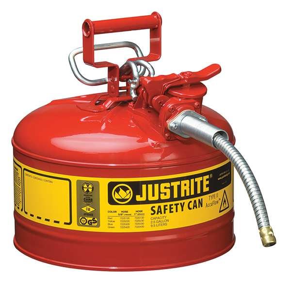 Justrite Safety Can, Steel, 2.5 gal, Red, 11 3/4 in Dia., Flammables - 7225120