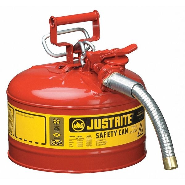 Justrite Safety Can, Steel, 2.5 gal, Red, 11 3/4 in Dia., Flammables - 7225130