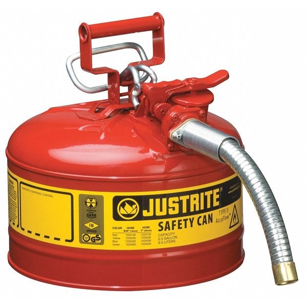 Justrite Safety Can, Steel, 2.5 gal, Red, 11 3/4 in Dia., Flammables - 7225130