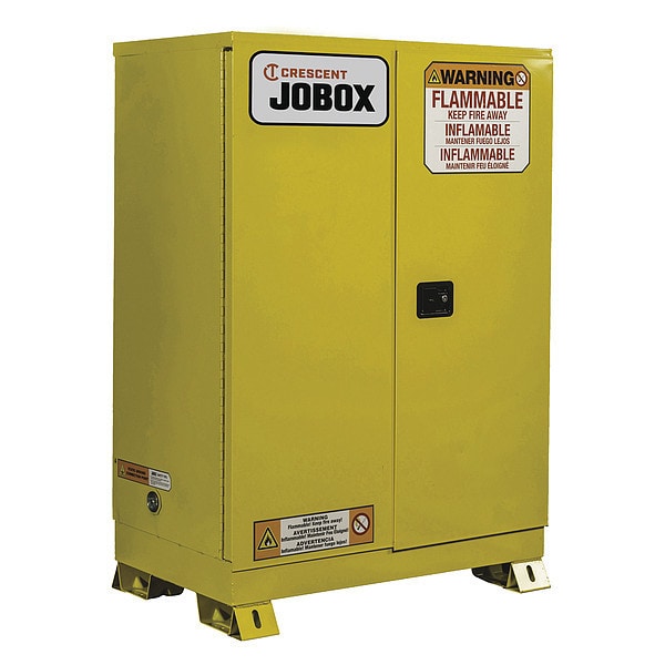 Crescent Jobox Flammables Safety Cabinet, 45 gal, 2 Shelves, Steel, 46 1/2 in W x 66 3/4 in H x 24 in D, Yellow - 1-756640
