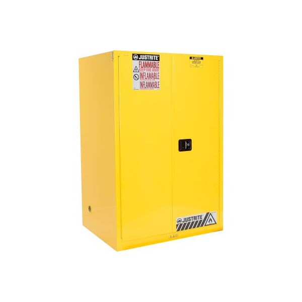 Justrite 90 gal, 2 Shelves, 18-Gauge Steel, 43 in W x 65 in H x 34 in D, Yellow - 899020