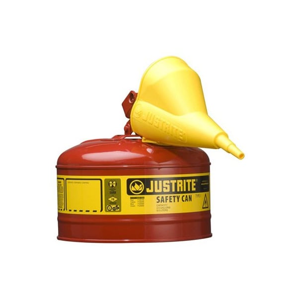 Justrite Safety Can, Steel/Polypropylene Funnel, 2.5 gal, Red, 11 3/4 in Dia. - JT7125110