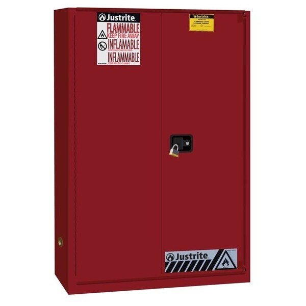 Justrite 45 Gallon Standard Flammable Cabinet Self Close Bi-Fold Door Red, 45 gal, 2 Shelves, Steel, 18 in D - 894581