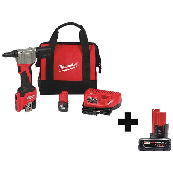 Milwaukee Tool Rivet Tool Kit, 12V, Cordless, 10-3/4" H, Includes Batteries & Charger - 2550-22, 48-11-2460