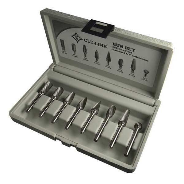 Cle-Line 8PC 1/4x1/4 Hardened Steel Shank Standard Cut Carbide Cle-Line 1855 Bur Set - C17763