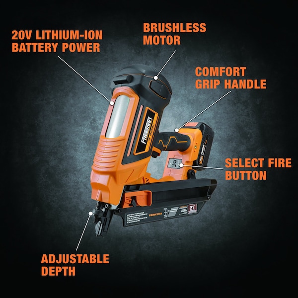 Freeman 20V Cordless 21 Degree, 3-1/4in Full Head Framing Nailer Including 4Ah Battery, Rapid Charger & Case - PE20V2183