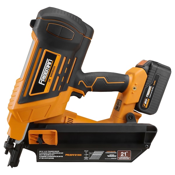 Freeman 20V Cordless 21 Degree, 3-1/4in Full Head Framing Nailer Including 4Ah Battery, Rapid Charger & Case - PE20V2183