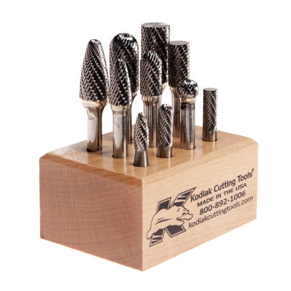 Kodiak Cutting Tools 10 Piece Carbide Bur Set 1/4 Inch Shanks with Wooden Stand - 56310006