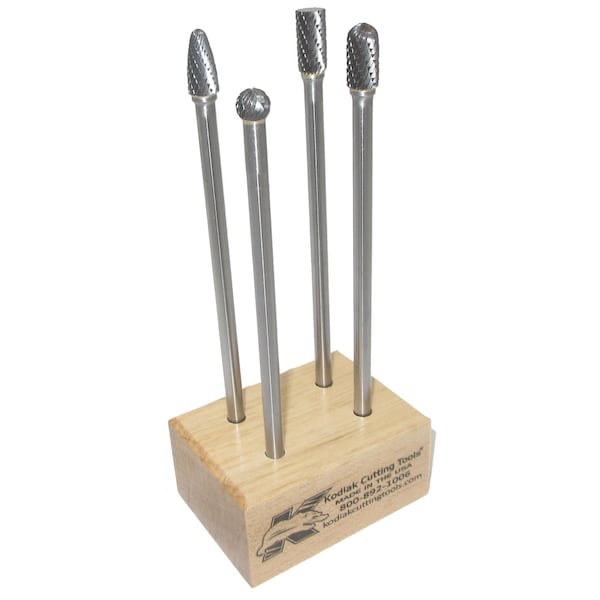 Kodiak Cutting Tools 4Pc Long Carbide Bur Set 3/8 Dia.x 6 Inch w/Wooden Stand - 56310005