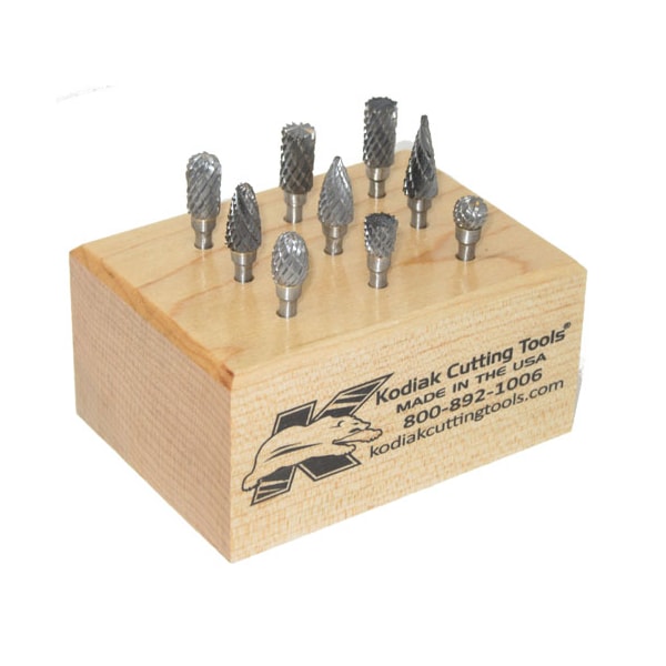 Kodiak Cutting Tools 9Pc Carbide Bur Set 1/4 Dia w/1/8 Inch Shanks & Wooden Stand - 56310004
