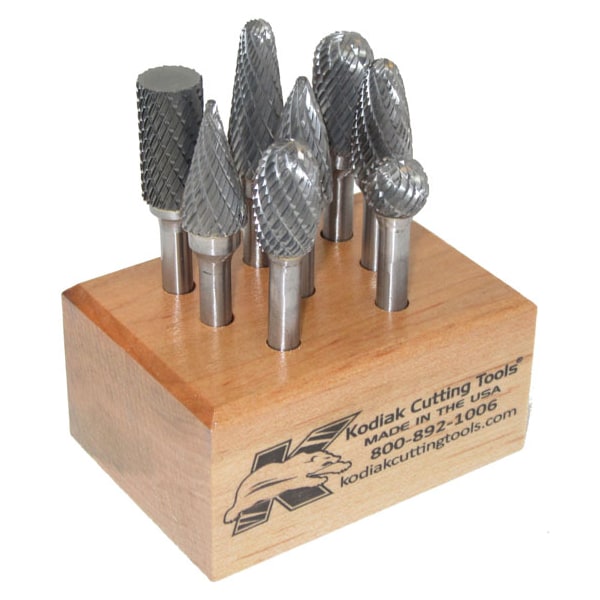 Kodiak Cutting Tools 8Pc Carbide Bur Set 1/2 Inch Dia.w/1/4 Inch Shanks & Wooden Stand - 56310002