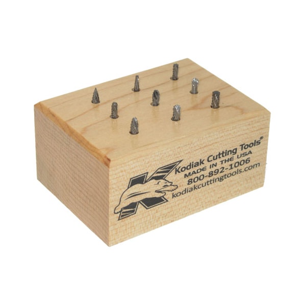 Kodiak Cutting Tools 9Pc Carbide Bur Set 1/8 Dia w/1/8 Inch Shanks & Wooden Stand - 56310003