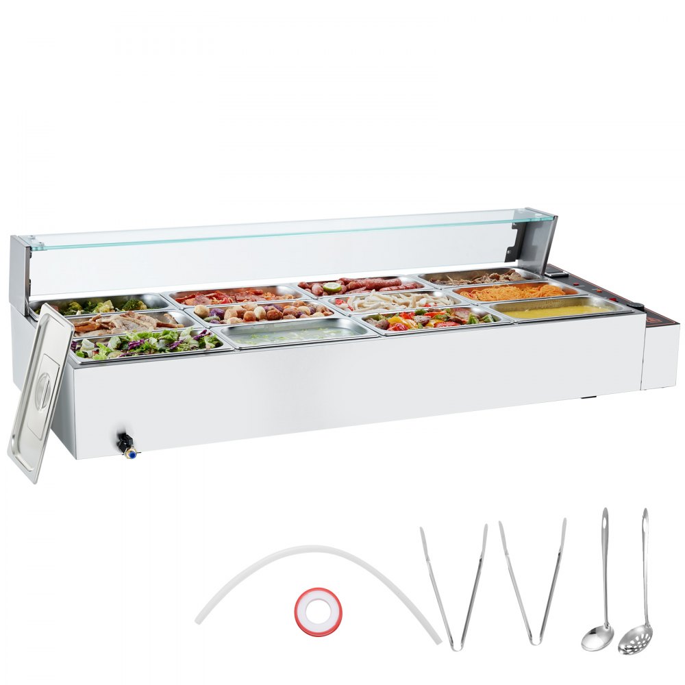VEVOR Commercial Electric Food Warmer Countertop Buffet 12*5Qt with Glass Shield - BLZBWTC128QT2L8XWV7