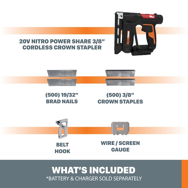 Worx 20V Power Share 3/8 in. Cordless Crown Stapler, Tool Only Battery and Charger Not Included - WX843L.9