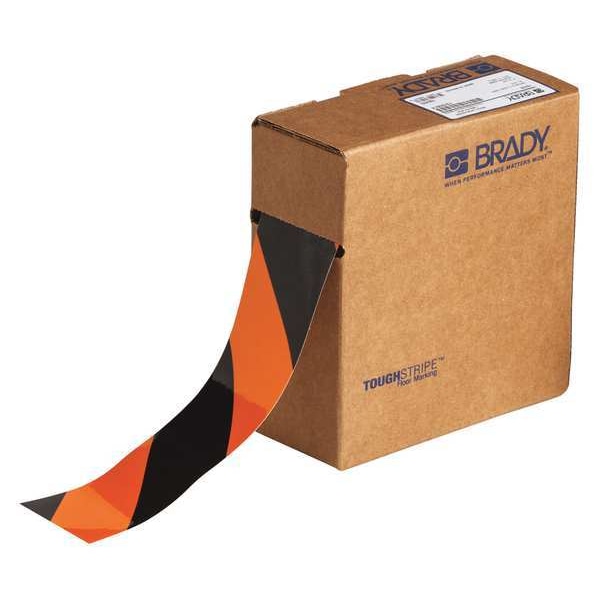 Brady ToughStripe Floor Tape Film: Polyester, Adhesive: Rubber Black/Orange, 2" W x 100 ft. L, 8 mil Thick - 132433