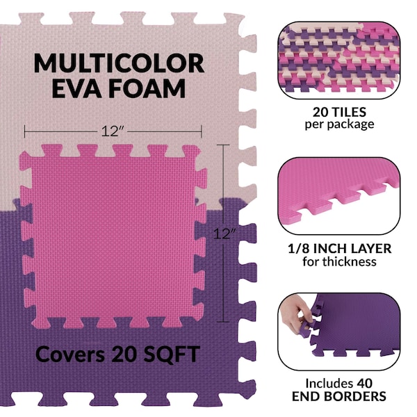 Stalwart Foam Floor Tiles - 20sqft Soft Baby Play Mat - Interlocking Puzzle Mat by Pink - 75-6409