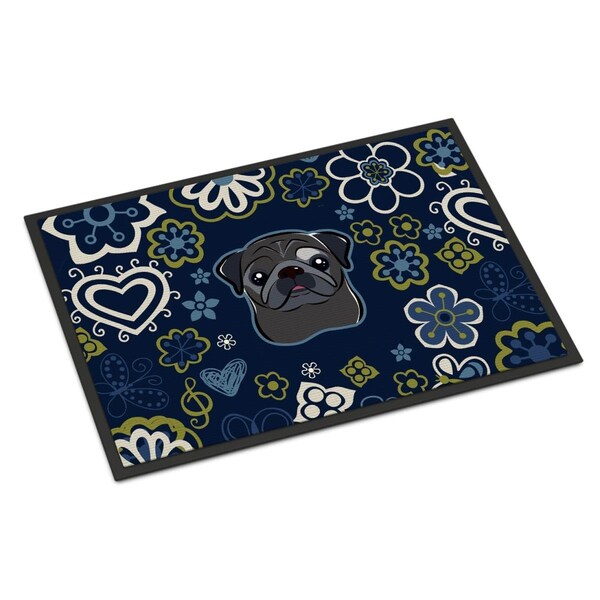 Carolines Treasures 18 x 27 in. Blue Flowers Black Pug Indoor or Outdoor Mat - BB5114MAT