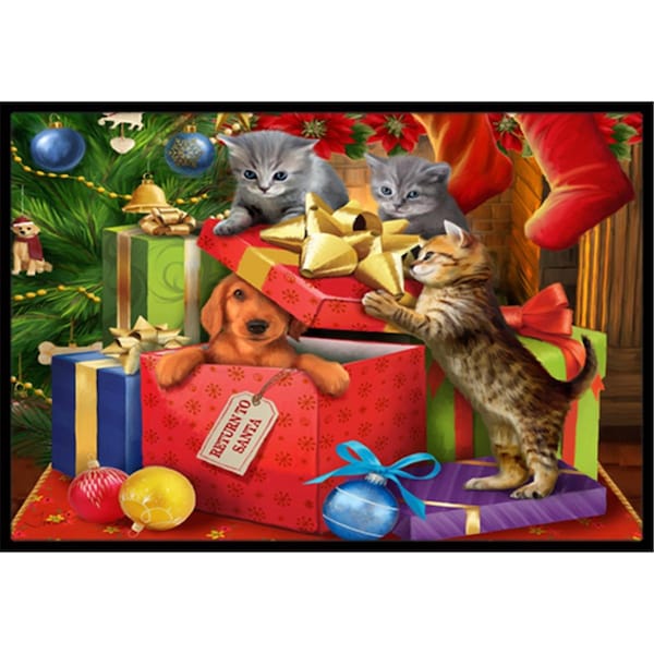 Carolines Treasures Kittens Return Puppy To Santa Claus Indoor and Outdoor Mat- 18 x 27 in. - PTW2010MAT