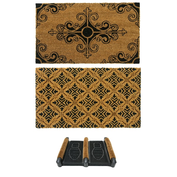 Rubber-Cal "French Provincial Doormat Kit" - 2 Coir Front Doormats and 1 Boot Scraper - 10-108-015