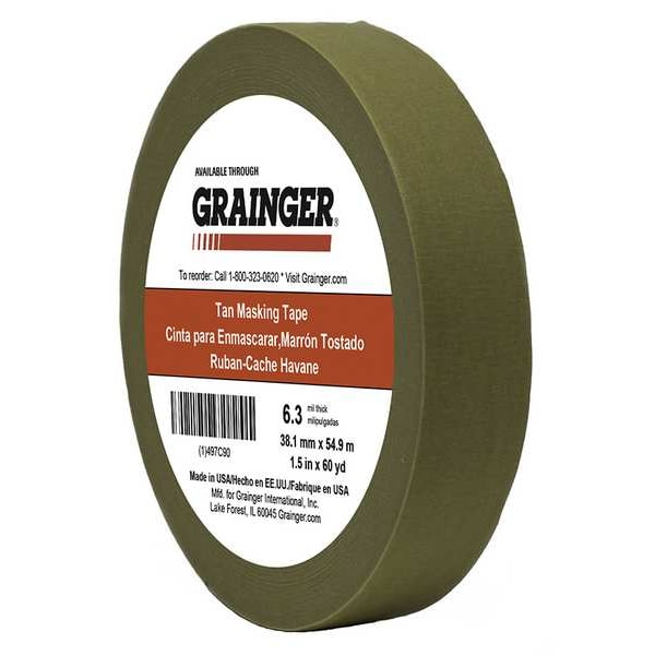Zoro Select Masking Tape, 1 1/2 in W x 60 yd L, 6.3 mil Thick, Tan, Rubber Adhesive - TC650-1.5" X 60YD